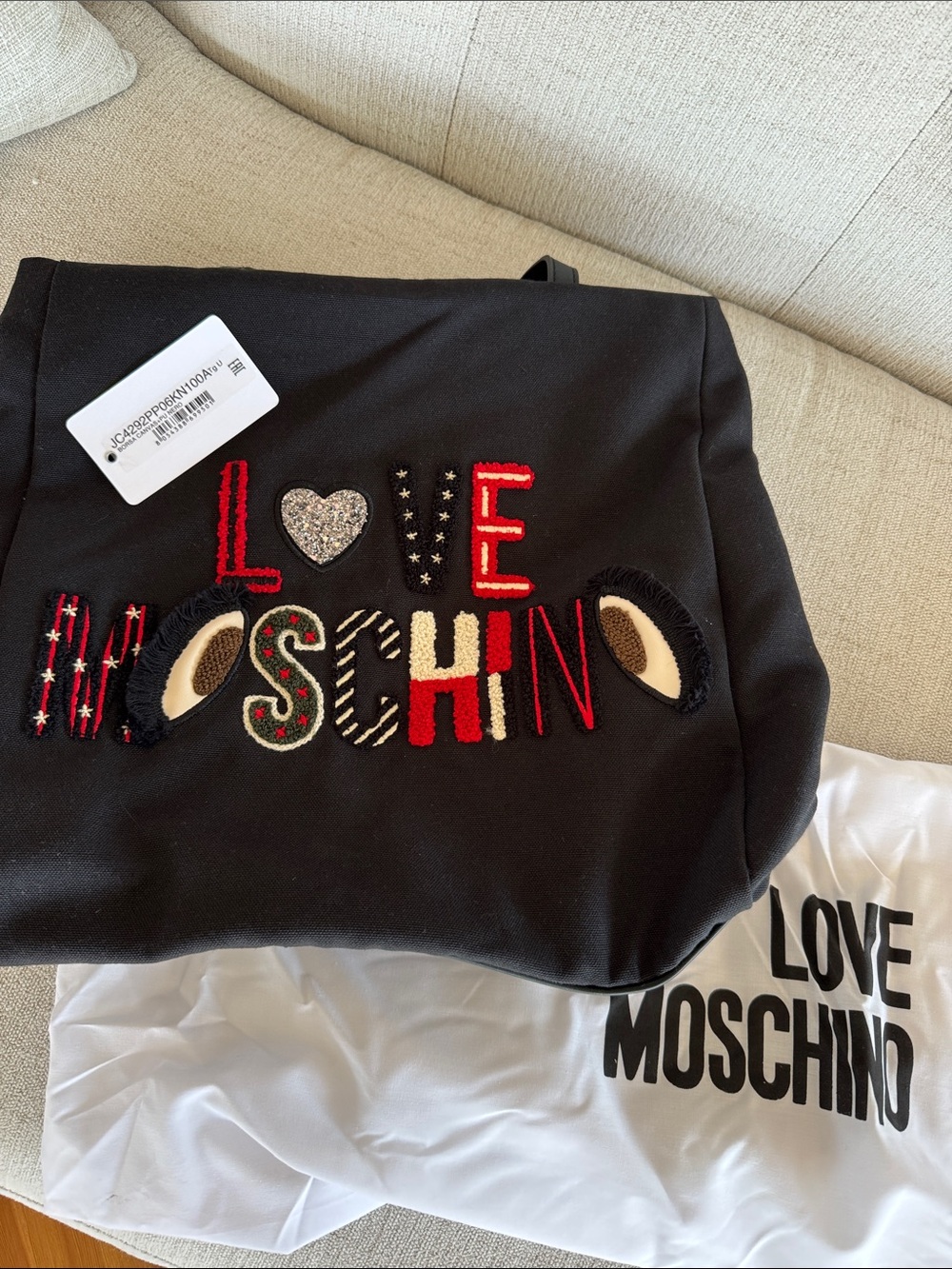 LOVE MOSCHINO Embroidered Black Canvas Tote With Embroidered Accents
